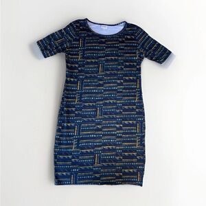 Lularoe Julia Dress 2XL  Blue Green Yellow Geometric Form Fitting Knee Length